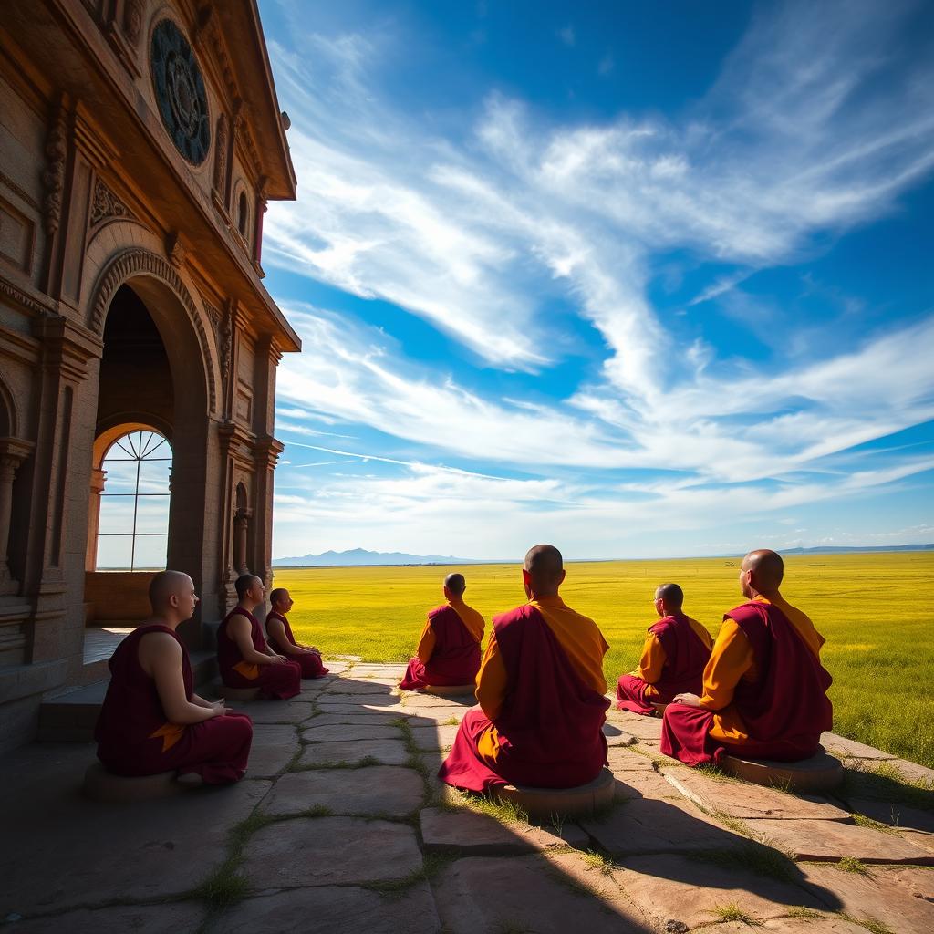 A stunning scene of Mongolian monks in traditional robes, engaged in meditation inside a beautifully crafted stone temple