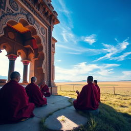 A stunning scene of Mongolian monks in traditional robes, engaged in meditation inside a beautifully crafted stone temple