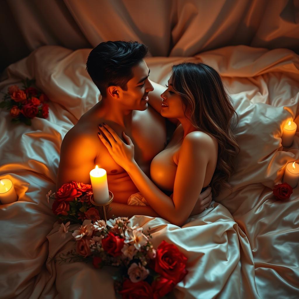 A sensual and romantic scene featuring two adults engaged in a passionate embrace, surrounded by soft candlelight that casts gentle shadows on their bodies