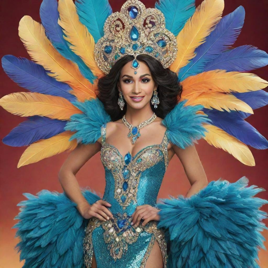 A striking image of Jasmine from Aladdin, attired in an exaggeratedly feathered dress costume, taking part in a vibrant drag race. The dress's flamboyance complements her bold spirit and eastern roots.