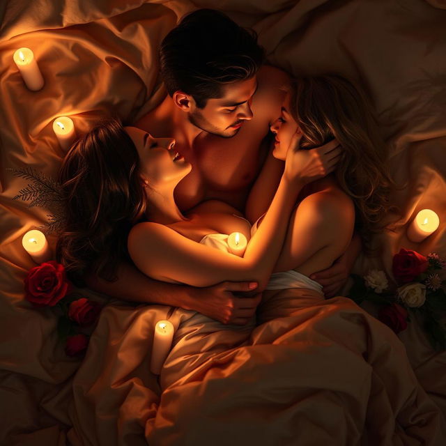 A sensual and romantic scene featuring two adults engaged in a passionate embrace, surrounded by soft candlelight that casts gentle shadows on their bodies