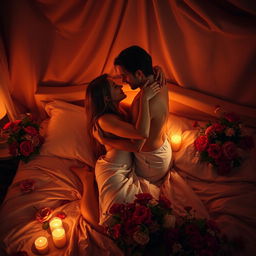 A sensual and romantic scene featuring two adults engaged in a passionate embrace, surrounded by soft candlelight that casts gentle shadows on their bodies