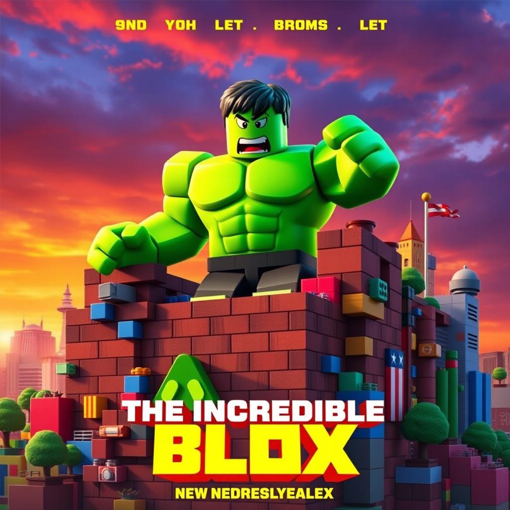 A vibrant and dynamic movie poster for a fictional Roblox movie titled "The Incredible Blox," inspired by the 2008 film 'The Incredible Hulk