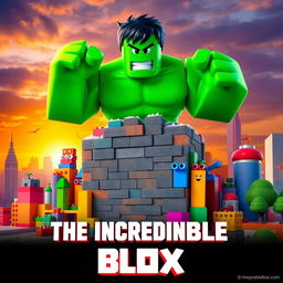 A vibrant and dynamic movie poster for a fictional Roblox movie titled "The Incredible Blox," inspired by the 2008 film 'The Incredible Hulk