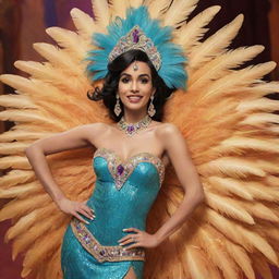 A striking image of Jasmine from Aladdin, attired in an exaggeratedly feathered dress costume, taking part in a vibrant drag race. The dress's flamboyance complements her bold spirit and eastern roots.