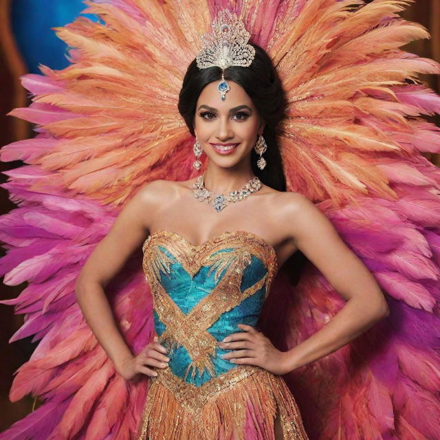 A striking image of Jasmine from Aladdin, attired in an exaggeratedly feathered dress costume, taking part in a vibrant drag race. The dress's flamboyance complements her bold spirit and eastern roots.