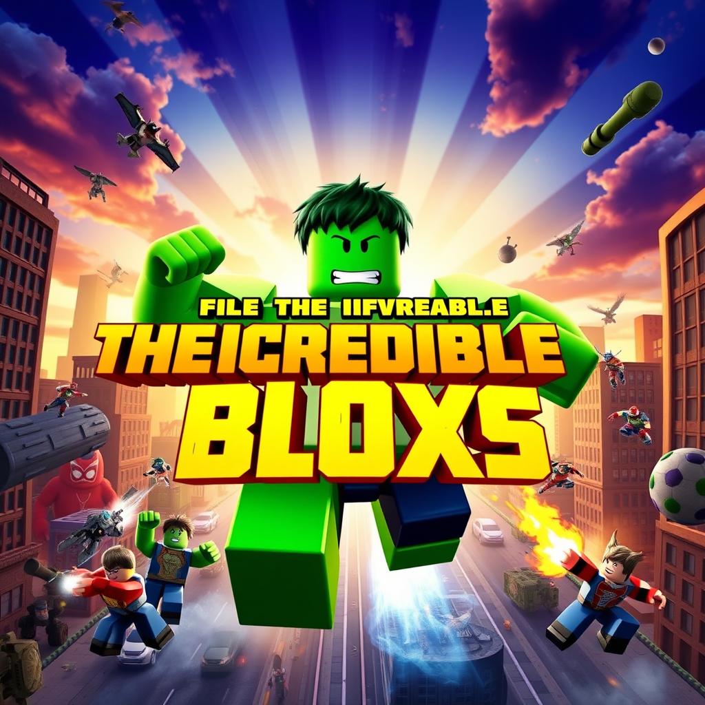 A vibrant and dynamic movie poster for a Roblox-themed film titled "The Incredible Blox" inspired by the 2008 film The Incredible Hulk