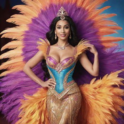 A striking image of Jasmine from Aladdin, attired in an exaggeratedly feathered dress costume, taking part in a vibrant drag race. The dress's flamboyance complements her bold spirit and eastern roots.