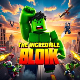 A vibrant and dynamic movie poster for a Roblox-themed film titled "The Incredible Blox" inspired by the 2008 film The Incredible Hulk