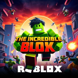 A vibrant and dynamic movie poster for a Roblox-themed film titled "The Incredible Blox" inspired by the 2008 film The Incredible Hulk