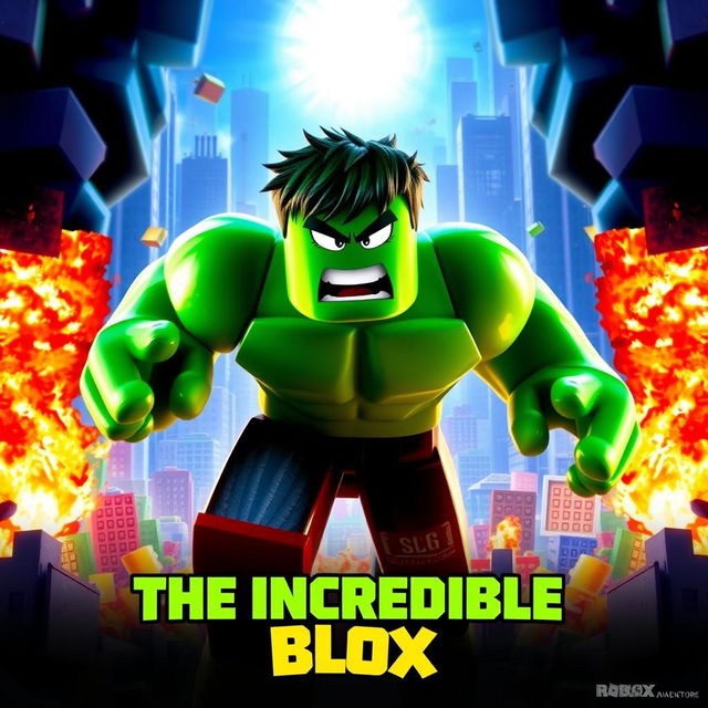 A movie poster for a fictional film titled 'The Incredible Blox', inspired by the 2008 film The Incredible Hulk, featuring a green, muscular Roblox character with vibrant blocky features rampaging through a cityscape made of colorful blocks