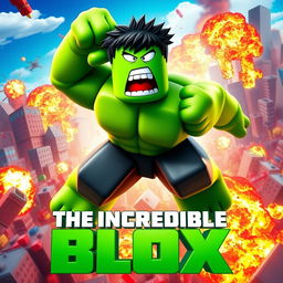 A movie poster for a fictional film titled 'The Incredible Blox', inspired by the 2008 film The Incredible Hulk, featuring a green, muscular Roblox character with vibrant blocky features rampaging through a cityscape made of colorful blocks