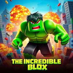 A movie poster for a fictional film titled 'The Incredible Blox', inspired by the 2008 film The Incredible Hulk, featuring a green, muscular Roblox character with vibrant blocky features rampaging through a cityscape made of colorful blocks