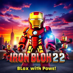 A vibrant and eye-catching movie poster for a fictional Roblox film titled 'Iron Blox 2', inspired by Iron Man 2