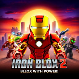 A vibrant and eye-catching movie poster for a fictional Roblox film titled 'Iron Blox 2', inspired by Iron Man 2