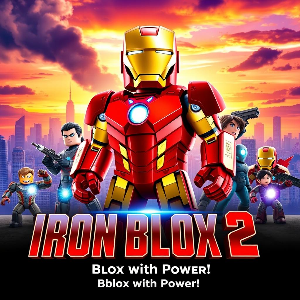 A vibrant and eye-catching movie poster for a fictional Roblox film titled 'Iron Blox 2', inspired by Iron Man 2