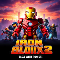 A vibrant and eye-catching movie poster for a fictional Roblox film titled 'Iron Blox 2', inspired by Iron Man 2