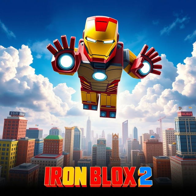 A vibrant and dynamic movie poster for 'Iron Blox 2', a Roblox-themed adaptation of Iron Man 2