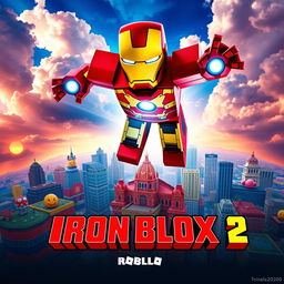 A vibrant and dynamic movie poster for 'Iron Blox 2', a Roblox-themed adaptation of Iron Man 2