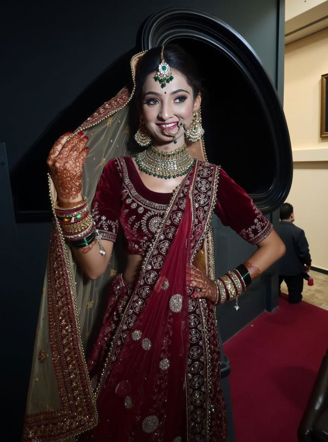 A stunning portrait of a woman dressed in traditional Indian attire, featuring a richly embellished maroon lehenga and intricate jewelry