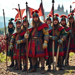 A group of Landsknecht infantry standing confidently, showcasing their colorful and elaborate attire, with slashes and bright patterns