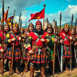 A group of Landsknecht infantry standing confidently, showcasing their colorful and elaborate attire, with slashes and bright patterns