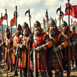 A group of Landsknecht infantry standing confidently, showcasing their colorful and elaborate attire, with slashes and bright patterns