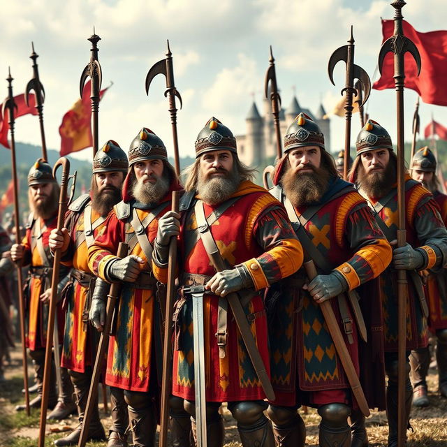 A group of Landsknecht infantry standing confidently, showcasing their colorful and elaborate attire, with slashes and bright patterns