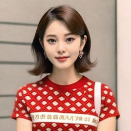 A beautiful Japanese woman, about 20 years old, in an 8K Kodak shot. She's a Miss Universe contestant with highly detailed skin tone and short, light brown, straight hair. She's wearing a red crop top t-shirt with block patterns in a close-up, front-view, cinematic photo.