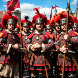 A group of Landsknecht infantry standing proudly, wearing elaborate 16th-century Renaissance attire, featuring colorful, patterned doublets, slashed sleeves, and flamboyant hats with feathers