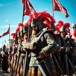 A group of Landsknecht infantry standing proudly, wearing elaborate 16th-century Renaissance attire, featuring colorful, patterned doublets, slashed sleeves, and flamboyant hats with feathers