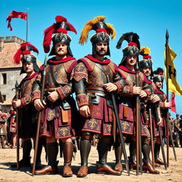 A group of Landsknecht infantry standing proudly, wearing elaborate 16th-century Renaissance attire, featuring colorful, patterned doublets, slashed sleeves, and flamboyant hats with feathers