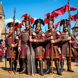 A group of Landsknecht infantry standing proudly, wearing elaborate 16th-century Renaissance attire, featuring colorful, patterned doublets, slashed sleeves, and flamboyant hats with feathers