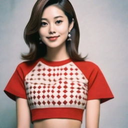 A beautiful Japanese woman, about 20 years old, in an 8K Kodak shot. She's a Miss Universe contestant with highly detailed skin tone and short, light brown, straight hair. She's wearing a red crop top t-shirt with block patterns in a close-up, front-view, cinematic photo.