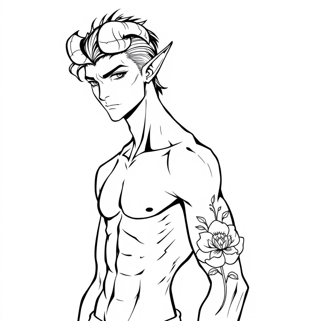 A slim male Tiefling with distinctive features such as curved horns and pointed ears, showcasing a tattoo of a flower on his arm