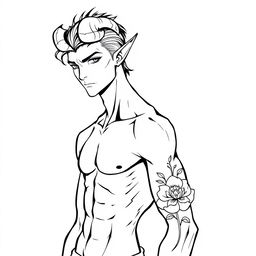 A slim male Tiefling with distinctive features such as curved horns and pointed ears, showcasing a tattoo of a flower on his arm