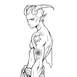 A slim male Tiefling with distinctive features such as curved horns and pointed ears, showcasing a tattoo of a flower on his arm