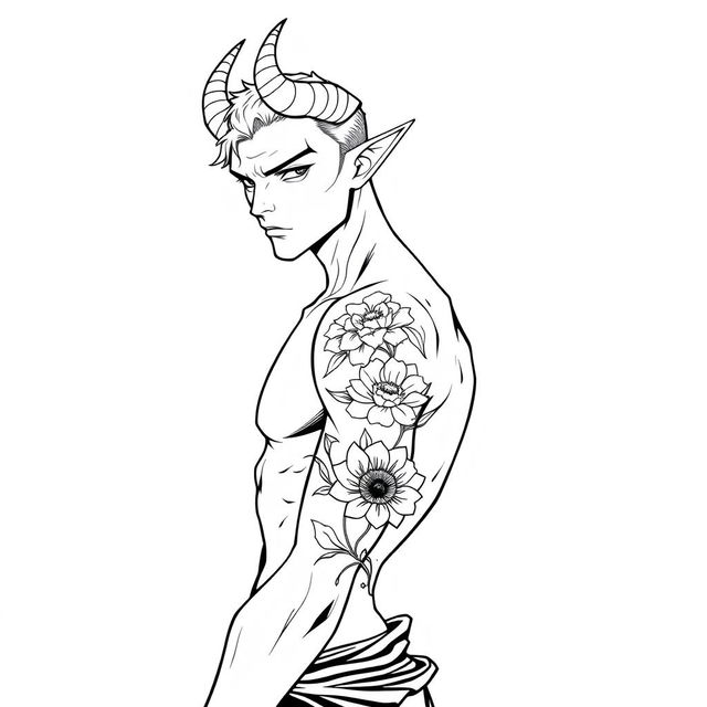 A slim male Tiefling with distinctive features such as curved horns and pointed ears, showcasing a tattoo of a flower on his arm