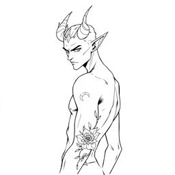 A slim male Tiefling with distinctive features such as curved horns and pointed ears, showcasing a tattoo of a flower on his arm