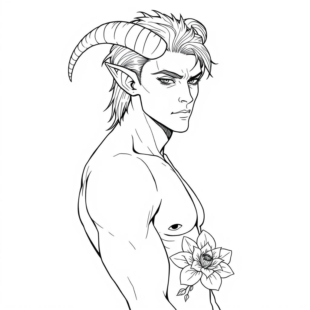 A slim, sexy male Tiefling with alluring features, including prominent curved horns and pointed ears