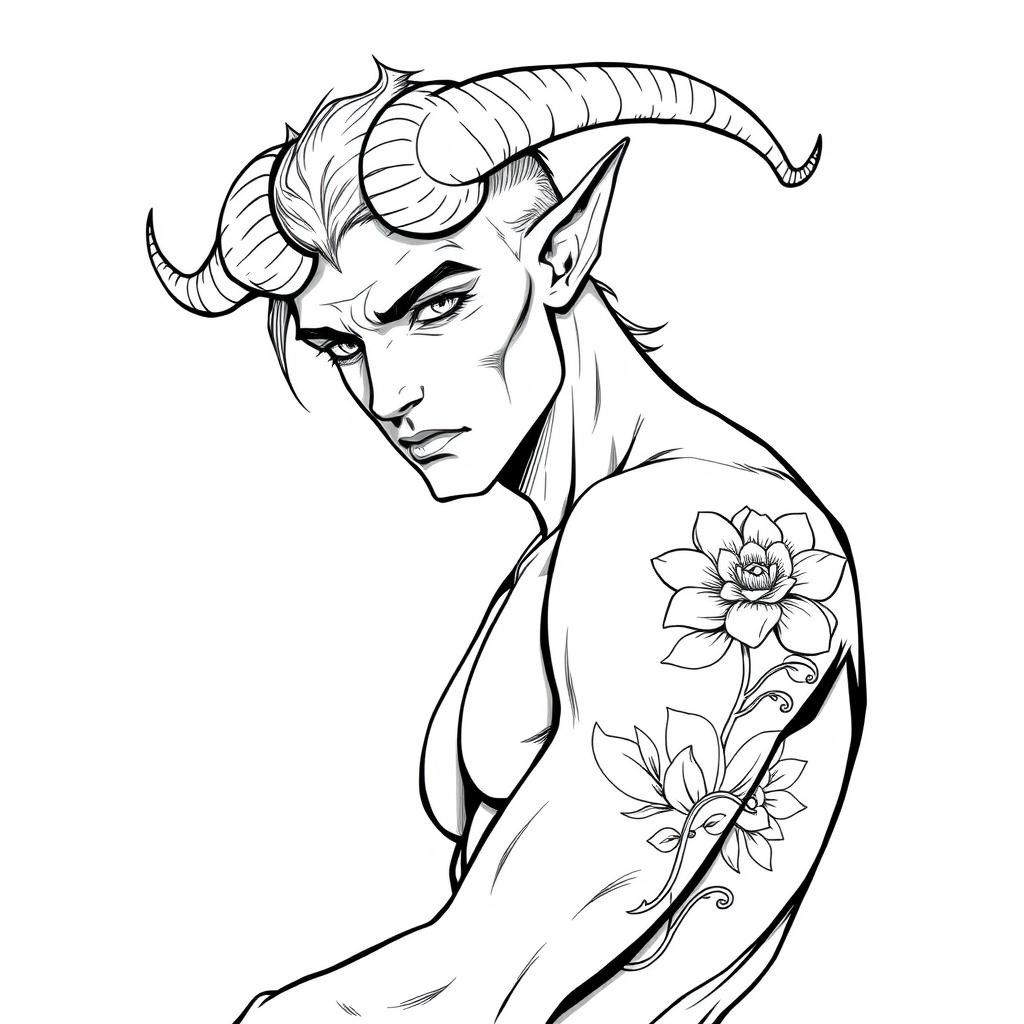 A slim, sexy male Tiefling with alluring features, including prominent curved horns and pointed ears