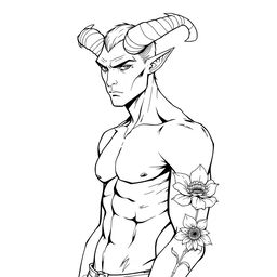 A slim, sexy male Tiefling with alluring features, including prominent curved horns and pointed ears