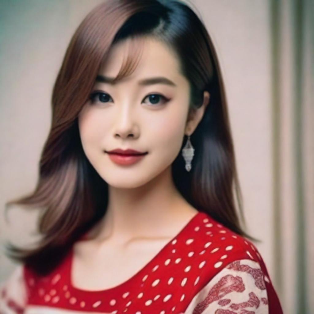 A beautiful Japanese woman, about 20 years old, in an 8K Kodak shot. She's a Miss Universe contestant with highly detailed skin tone and short, light brown, straight hair. She's wearing a red crop top t-shirt with block patterns in a close-up, front-view, cinematic photo.