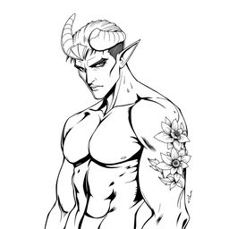 A slim, sexy male Tiefling with alluring features, including prominent curved horns and pointed ears