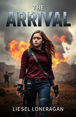 A highly realistic book cover design featuring a teen girl with brown wavy hair, wearing maroon and navy blue gear reminiscent of the Maze Runner style, complete with a thigh holster