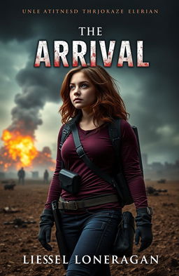 A highly realistic book cover design featuring a teen girl with brown wavy hair, wearing maroon and navy blue gear reminiscent of the Maze Runner style, complete with a thigh holster