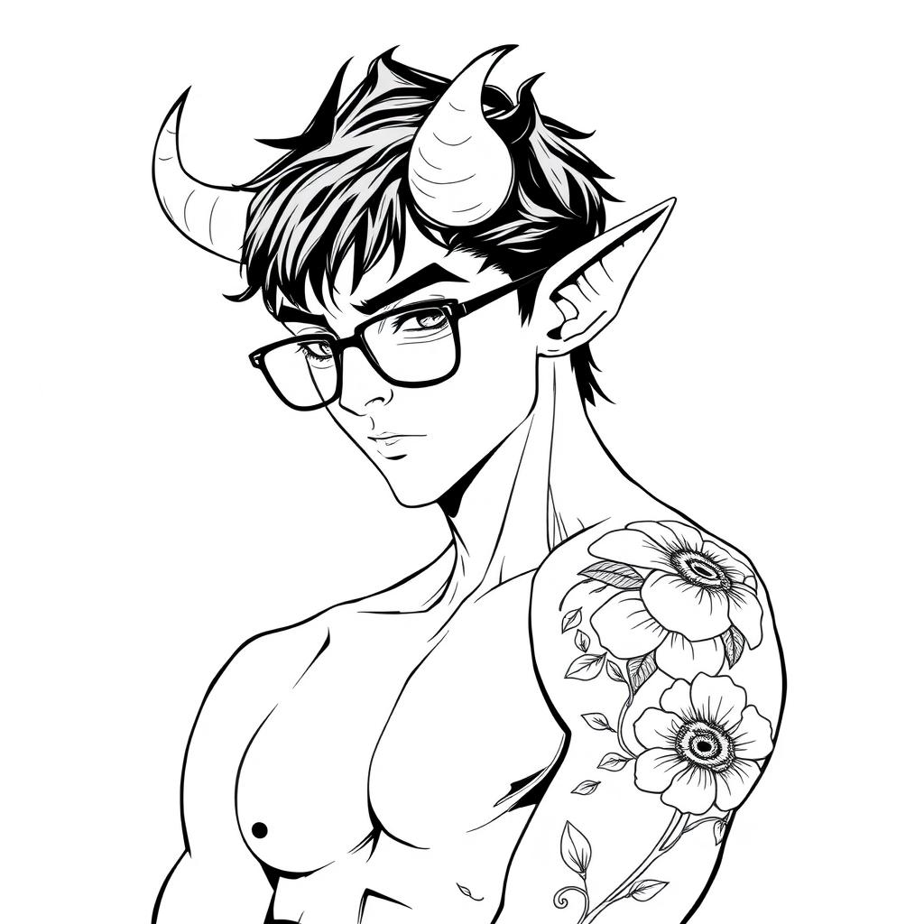 A slim, sexy male Tiefling with captivating features, including prominent curved horns, pointed ears, and stylish glasses