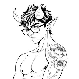 A slim, sexy male Tiefling with captivating features, including prominent curved horns, pointed ears, and stylish glasses