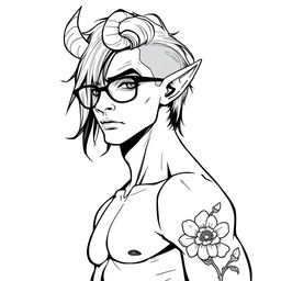 A slim, sexy male Tiefling with captivating features, including prominent curved horns, pointed ears, and stylish glasses