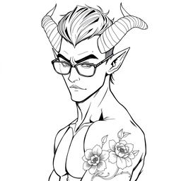 A slim, sexy male Tiefling with captivating features, including prominent curved horns, pointed ears, and stylish glasses